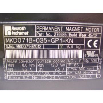 Origin  REXROTH   PERMANENT MAGNET MOTOR   MKD071B-035-GP1-KN    60 Day Warranty