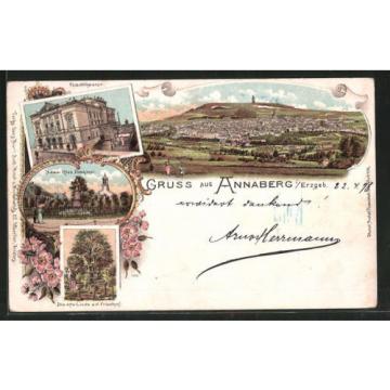 Lithographie Annaberg, Panorama, Stadttheater, Adam Ries Denkmal und alte Linde