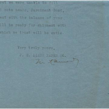 J. E. Linde Paper Co. - signed 1914 letter to Rockland County Times, Haverstraw