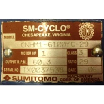 SUMITOMO SM-CYCLO INDUCTION GEAR MOTOR CNHM1-6100YC-29, 1 HP, 3 PH, RATIO 29:1