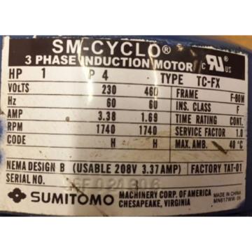 SUMITOMO SM-CYCLO INDUCTION GEAR MOTOR CNHM1-6100YC-29, 1 HP, 3 PH, RATIO 29:1