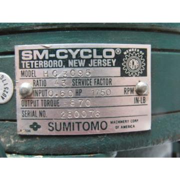 Sumitomo SM-Cyclo HC3095 Inline Gear Reducer 43:1 Ratio 060 Hp 1750RPM