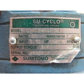 Sumitomo SM-Cyclo CNHXS4097Y21 Inline Gear Reducer 21:1 Ratio 151 Hp 1750RPM