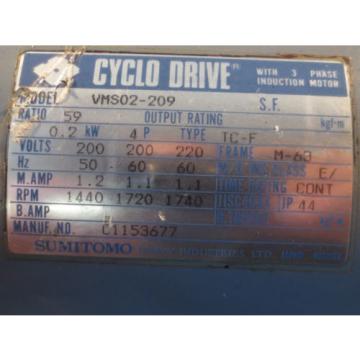 SUMITOMO CYCLO DRIVE INDUCTION MOTOR VMS02-209 TC-F TYPE 3 PHASE