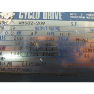 SUMITOMO CYCLO DRIVE INDUCTION MOTOR VMS02-209 TC-F TYPE 3 PHASE