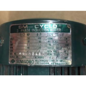 Sumitomo Cyclo gearmotor CNHM-05-4090YC-13, 135 rpm, 13:1, 5hp, 230/460,inline