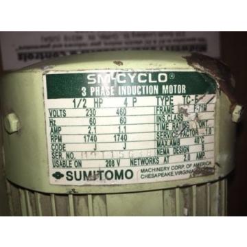 Sumitomo Cyclo gearmotor CNHMS-05-4095YC-29, 292 rpm, 29:1, 5hp, 230/460,inline